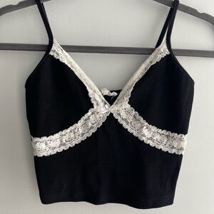 Bear Dance Black and White Lace Trim Crop Top